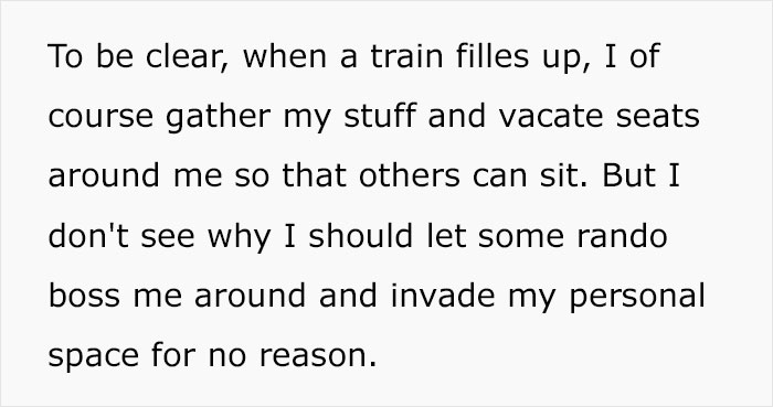 Woman On An Almost Empty Train Gets Labeled A Jerk By A Man For Refusing To Move Her Stuff So He Could Sit Next To Her For The Second Time Woman On An Almost Empty Train Gets Labeled A Jerk By A Man For Refusing To Move Her Stuff So He Could Sit Next To Her For The Second Time