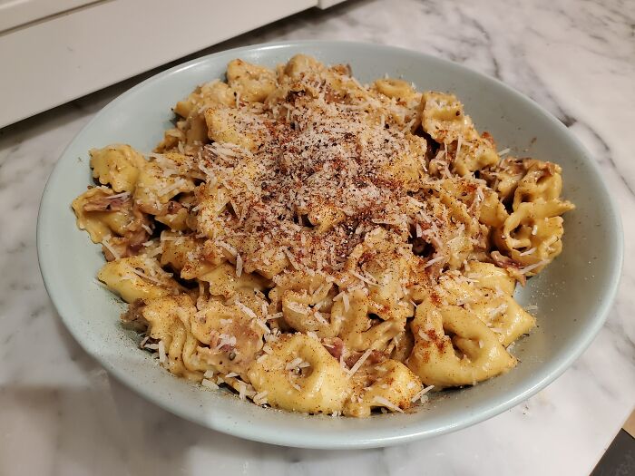 Tortellinis de queso con salsa de queso y queso por encima 