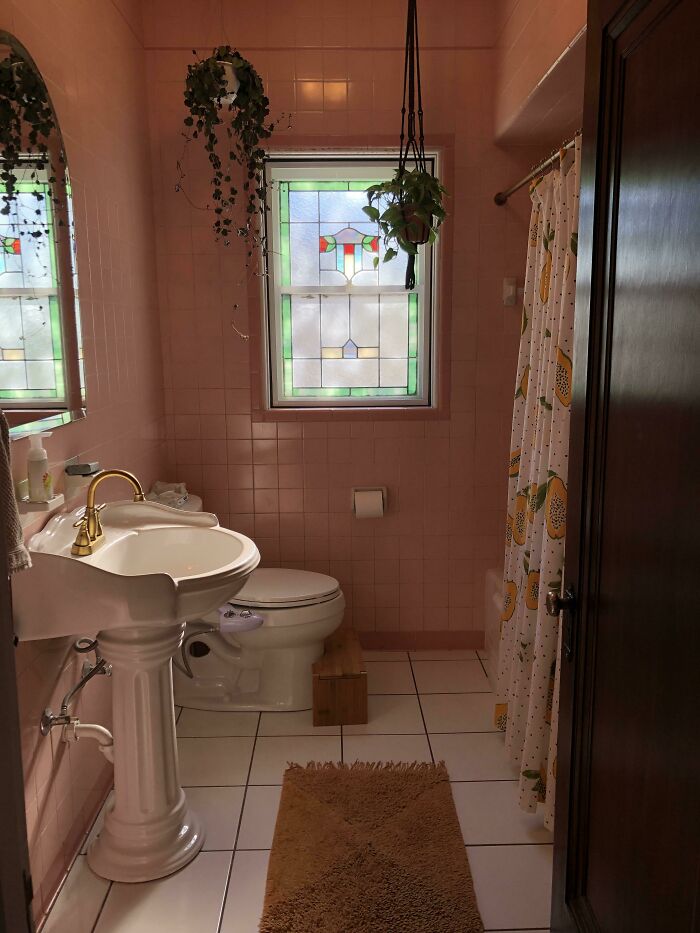 Here’s My Old House Bathroom. Convincing My Husband We Should Leave It Alone And The Pink Tile Is Cool. Maybe Replace The Hellish-To-Clean Pure White Flooring…
