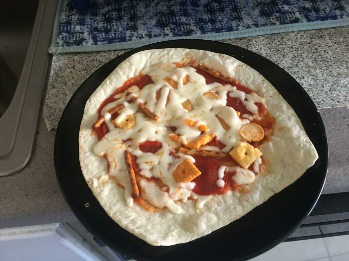 Tortilla Pizza With Baked Snack Mix. Made By Me