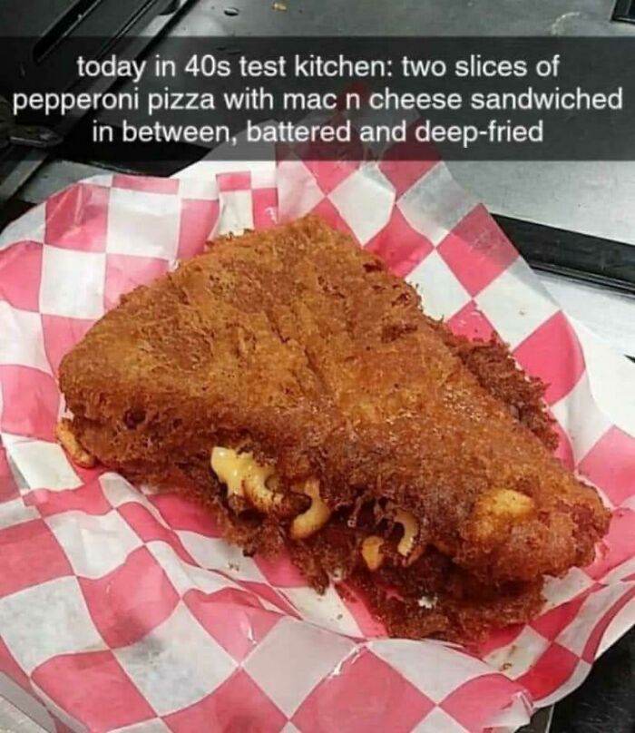 Two Slices Of Pepperoni Pizza, With Mac’n Cheese, Sandwiched And Deep-Fried