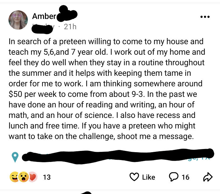 Lady Wanting Preteen To Watch Kids For $50/Week