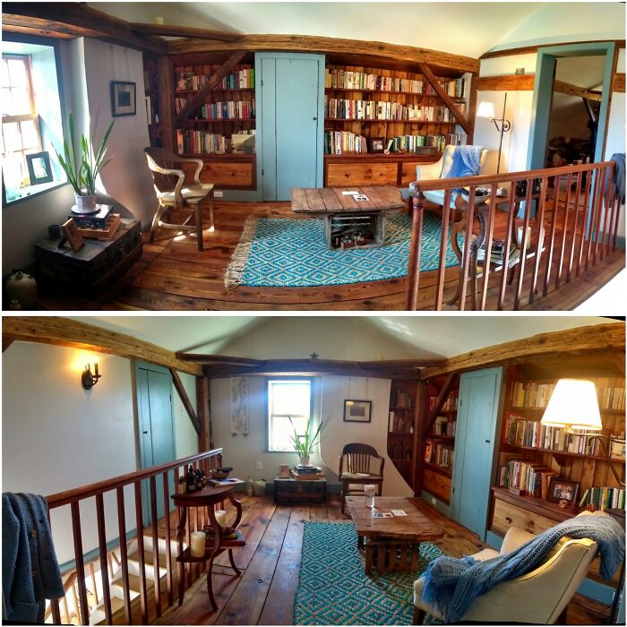 Finally Finished Putting The Attic Library Together In My 220yo Federal Farm House. It Was Completely Gutted 3 Years Ago. I Built The Shelves And Railing With Reclaimed Wood, Rebuilt The Walls/Ceiling With Spray Foam Insulation, And Refinished The Floors, Doors And Mouldings