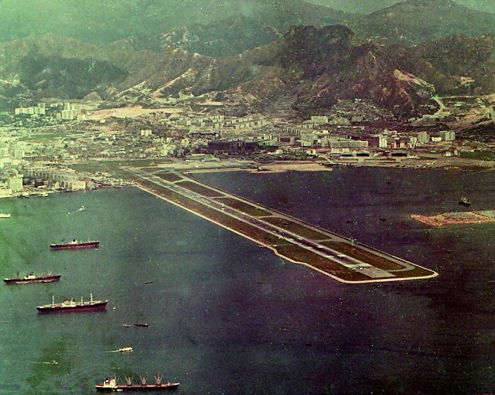Picture of Kai Tak airport with ships near in Hong Kong