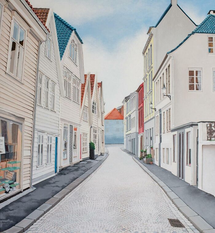 Una gran pintura acrílica que hice de Lille Øvregaten en Bergen durante los meses de la pandemia 