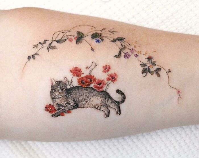 Ode To My Cat And A Subtle Bi Pride Nod With A Wildflower Rainbow. Done By Soltattoo In Los Angeles