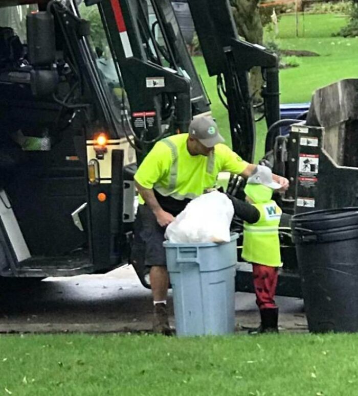 Every Thursday Morning My Little Nephew Waits For The Garbage Man To Arrive So He Can Help. Today They Brought Him A WM Hat To Wear
