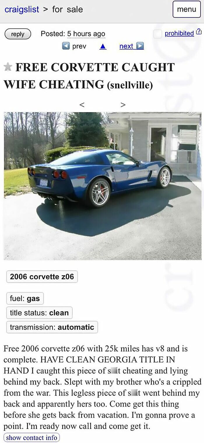 Caught Wife Cheating, Free Corvette