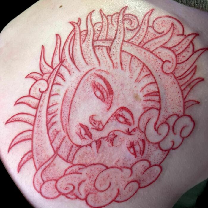 Red Ink Sun And Moon Tattoo