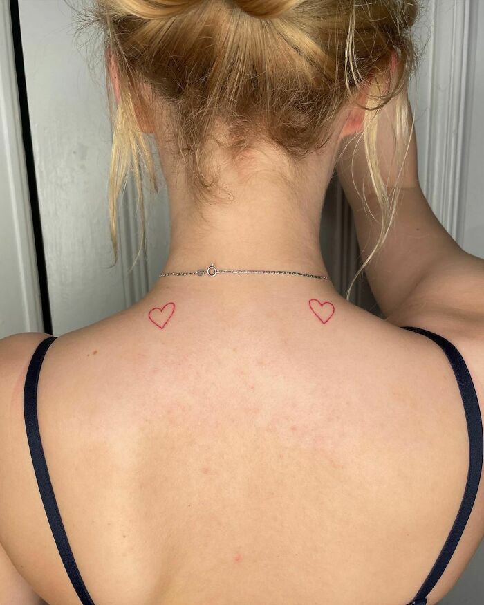 Handpoked Red Ink Hearts Tattoo For Mona