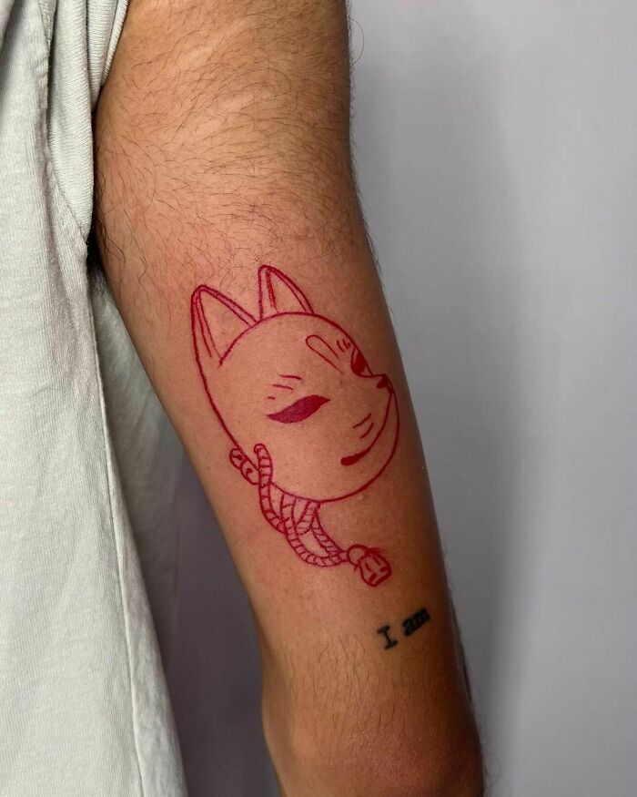 Minimal Red Ink Kitsune Mask Tattoo