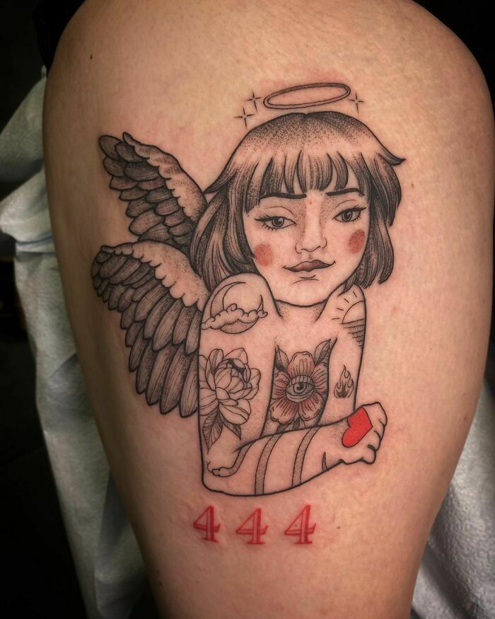 Angel and red 444 inscription tattoo 