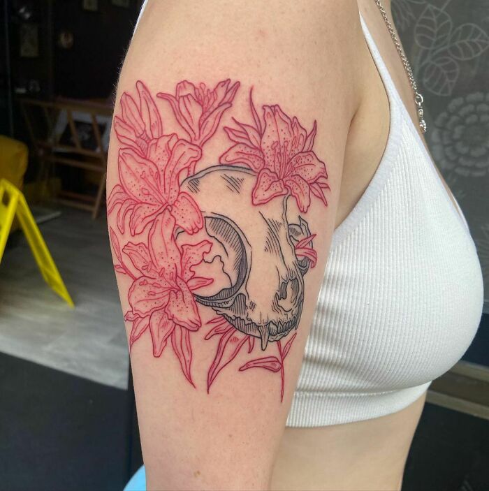 Skull And Flowers Red Ink Tattoo