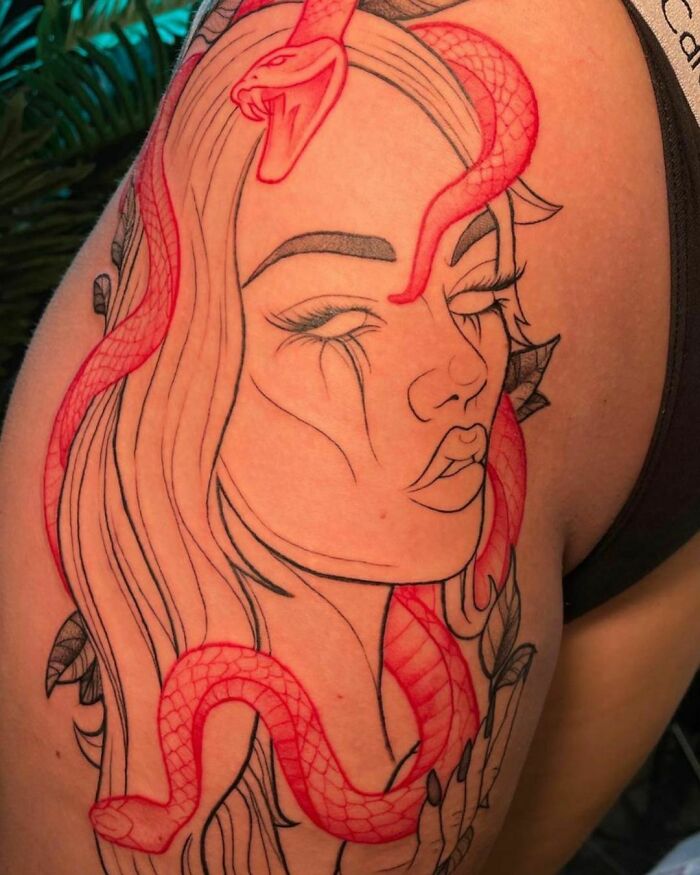 Modern Medusa Red Ink Tattoo