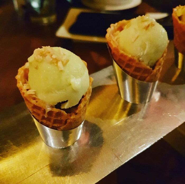 Tuna and basil ice cream in the cone 
