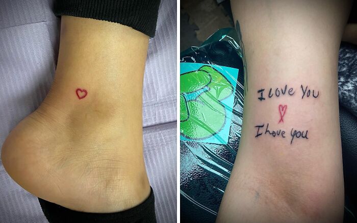 Small red ink tattoos on skin; a heart on an ankle and "I love you" text on a wrist.