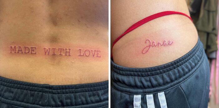 Two red ink tattoos featuring the words "Made With Love" and "Janae" on skin.