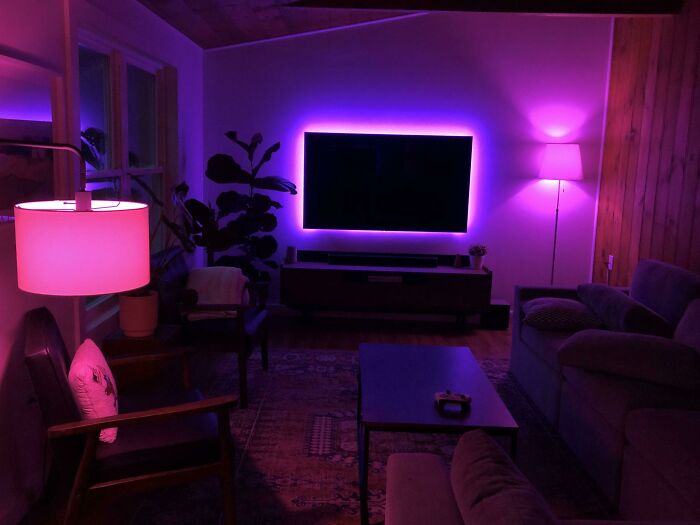 Living room with colorful light bulbs