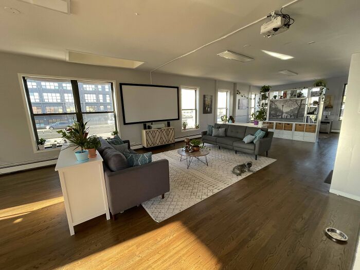 Spacious living room with creative decoration including plants, grey sofas, and a large projector screen.