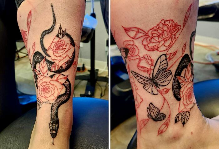 Black snake, butterfly and red roses tattoo 