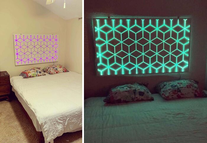 LED wall art over a bed 