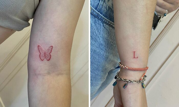 Red butterfly and letter "L" tattoos