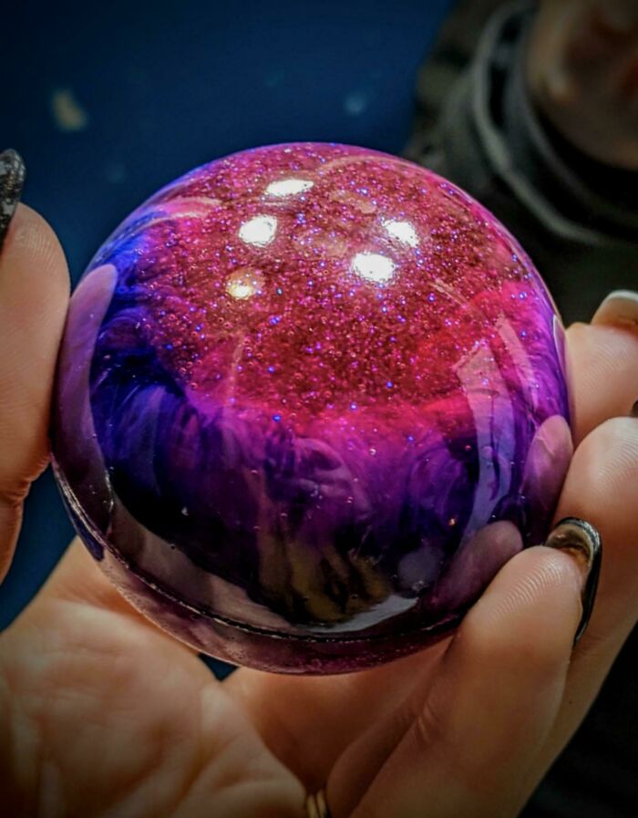 I Am A Cremation Artist. I Make Custom Art Pieces Using Pet And Human Cremation Ashes To Honor Those Who Have Passed. This Is A Galaxy Orb I Created