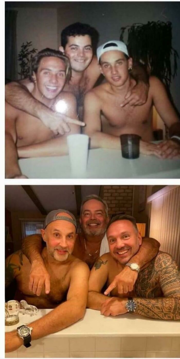My Dad And Two Friends Recreating A Photo From The Early 90s