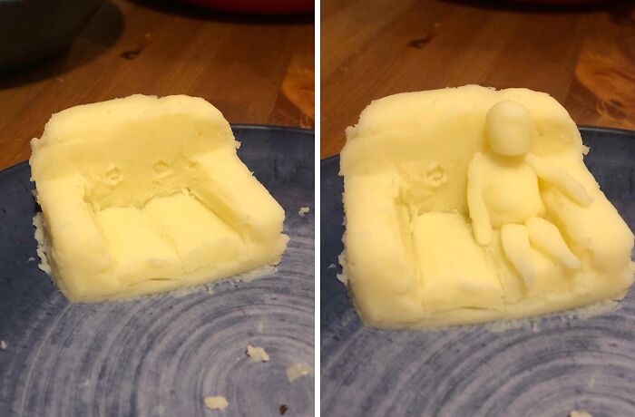 My Mashed Potatoes Were Dry So I Sculpted My Dad Sitting On The Sofa
