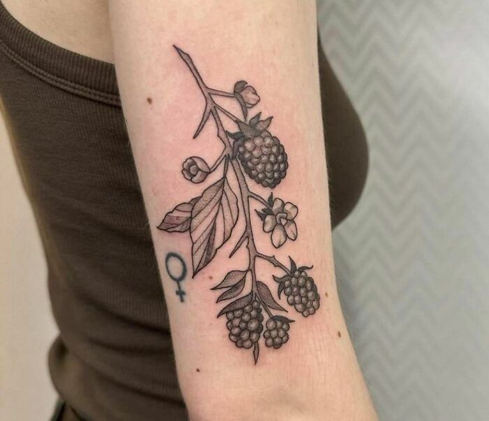 Branch with blackberries tattoo symbolizing nature on a person's arm, next to a small Venus symbol tattoo.