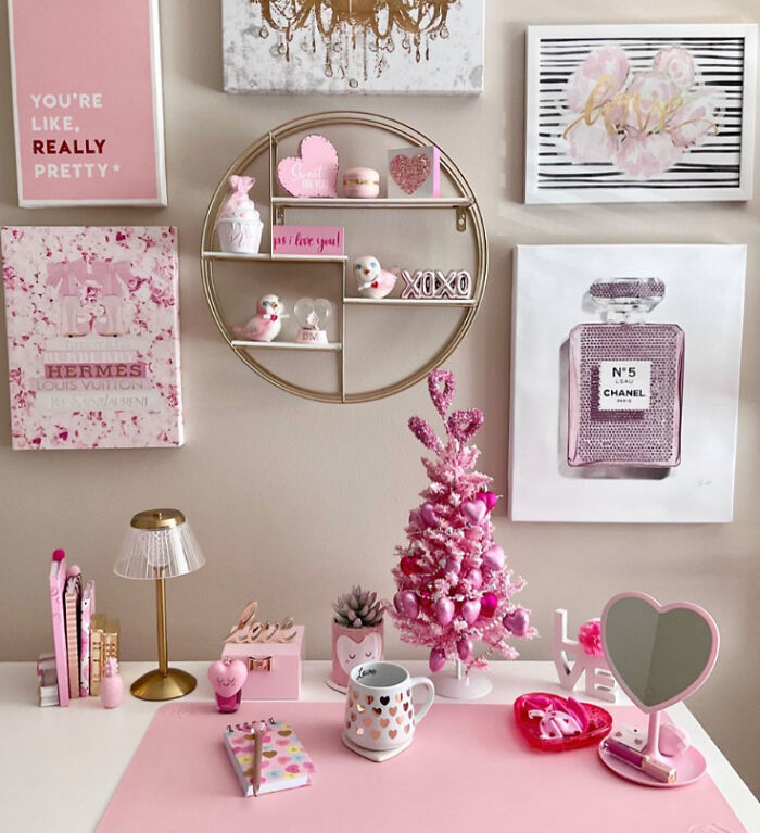 Creative decoration ideas featuring pink accents, wall art, and desk decor for inspiration.