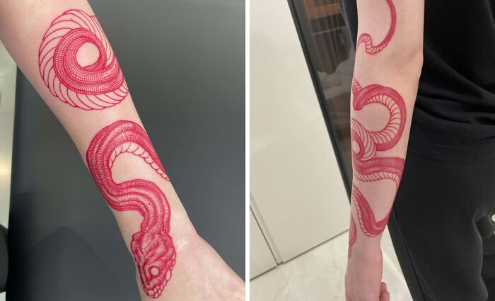 Red snake tattoo design wrapping around a forearm, showcasing detailed animal tattoo artistry.