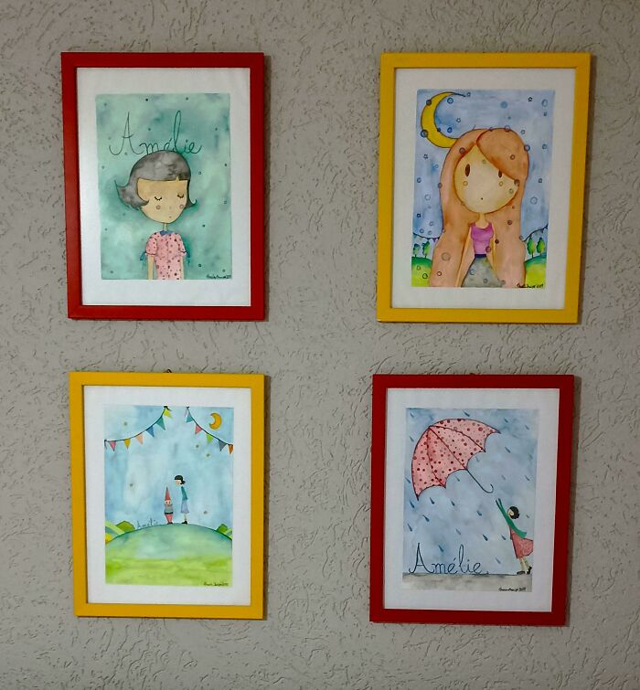 Watercolor drawings prints hanging on the wall