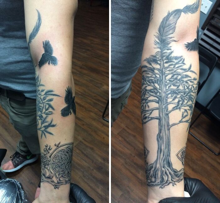 Wrist to elbow tree, celtic knots and birds tattoo