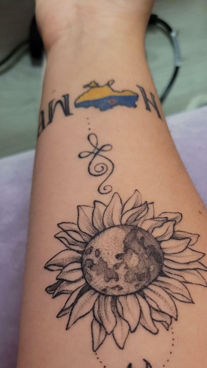 My Sunflower And Moon Tattoo Is All Healed, I Think! The One Closer To The Wrist (Home) Was My First Tattoo