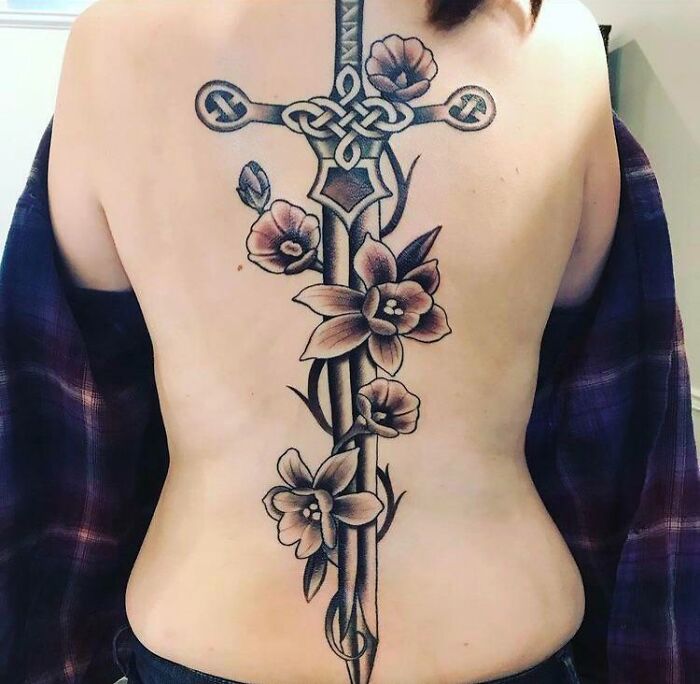 Celtic sword with flowers large back tattoo