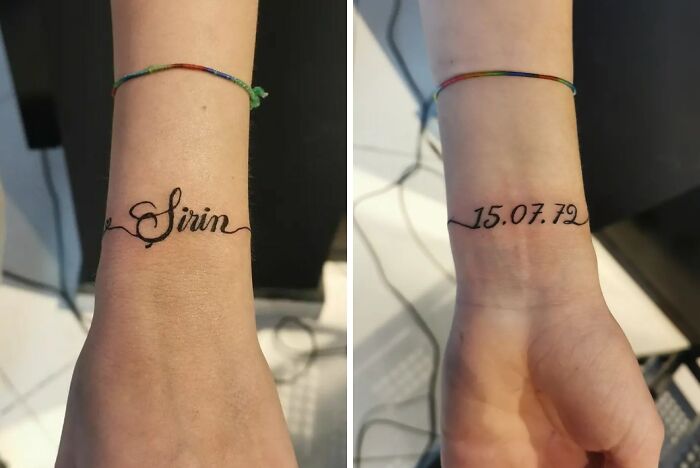 tattoo with name and date on wrist