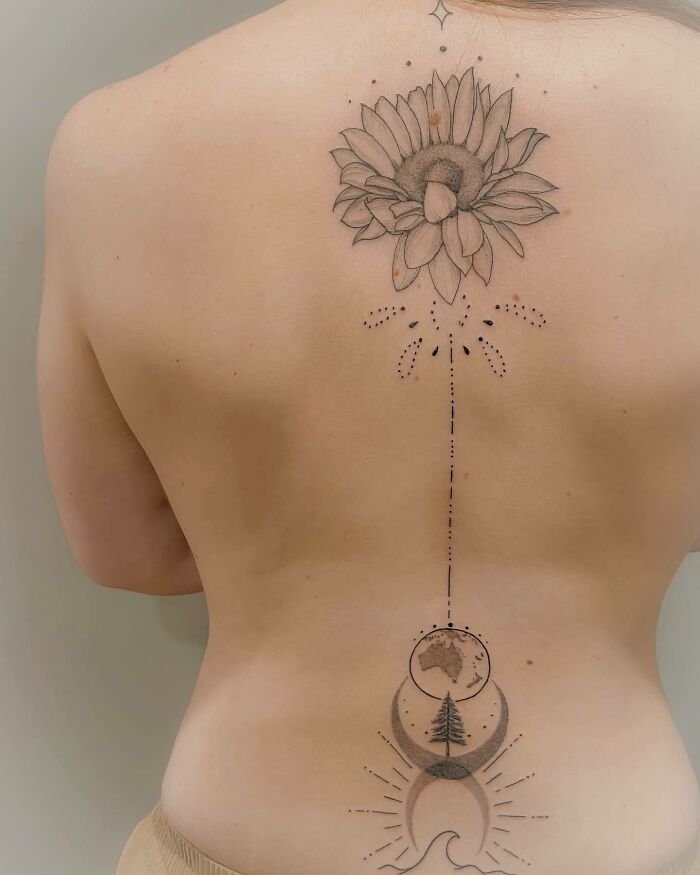 Sun, Moon, And Flower Spine Tattoo 