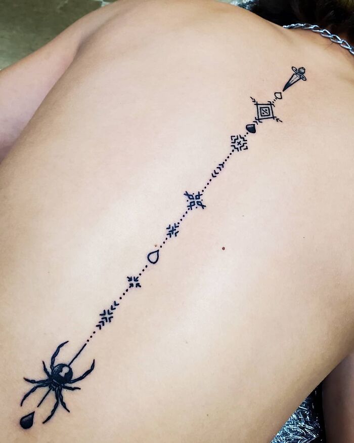Ornamental Spine Tattoo With Spider