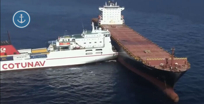 Un transbordador de Roro choca contra un carguero anclado. El agente de guardia "jura" que no estaba dormido al timón