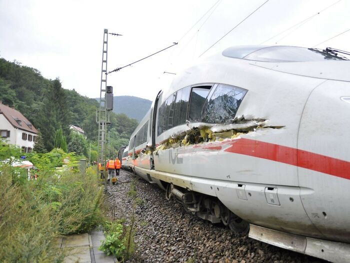 Aftermath Of A Trash Truck Falling Onto Train Tracks And Getting Sideswiped By An Ice High Speed Train At Lambrecht, Germany (17th Of August 2010)