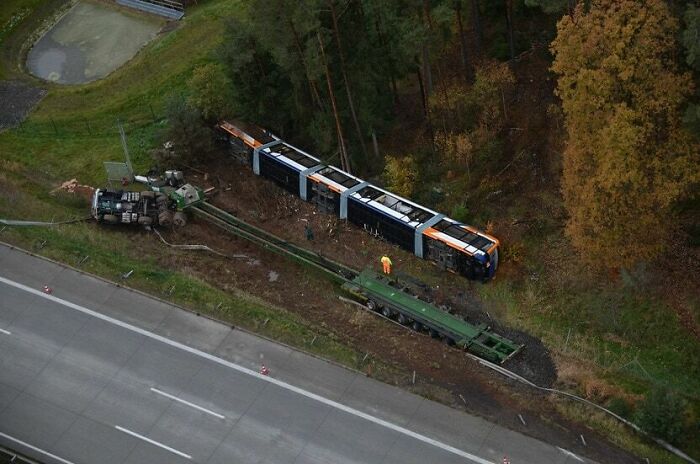 A Tram And Its Heavy-Duty Transporter Fell Into A Ditch In Germany. Estimated Loss Is Around 2.5 Million
