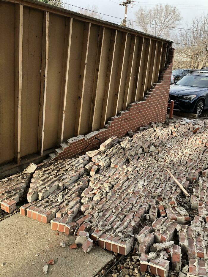 Wind Last Night Blew Over The Wood Framing Just Enough For The Bricks To Collapse!