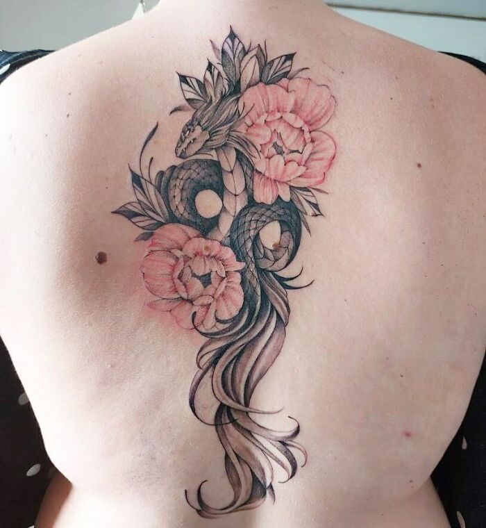 Dragon and two red peonies tattoo on back
