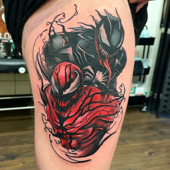 Venom And Carnage On The Outer Thigh For Jamie