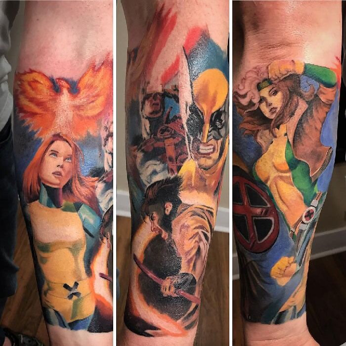 Superheros from X-men sleeve tattoo