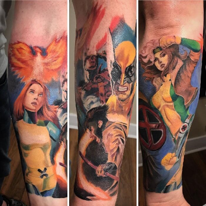 Marvel tattoos featuring vibrant superhero characters, showcasing dynamic comic book art styles on an arm.