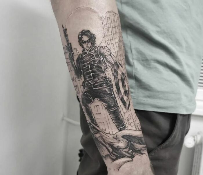 Winter Soldier holding weapon and shield tattoo 