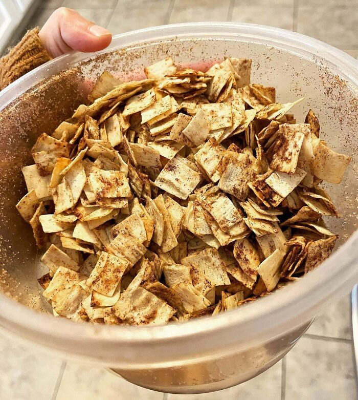 Low Carb Flatbread Or Tortilla + Sweetener + Cinnamon + Air Fryer = Cinnamon Toast Crunch For Half The Calories