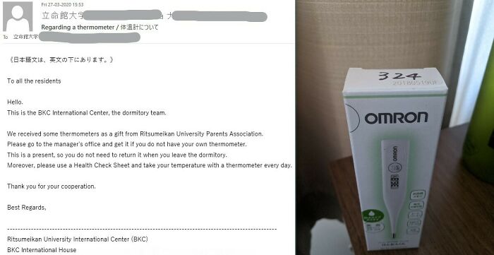 I Am An International Student Studying In Japan. Our University Gave Free Thermometers To Everyone Living In The Dorm! 324 Is My Room No :)